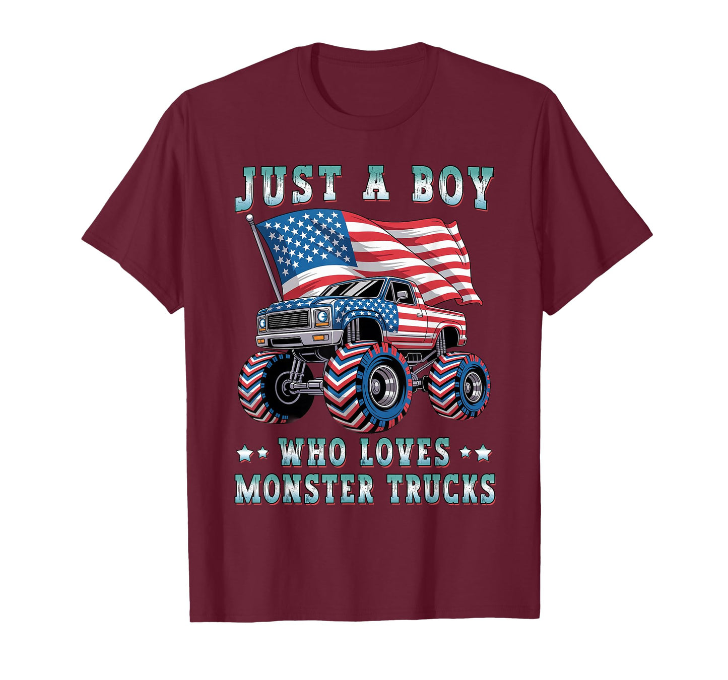 Just A Boy Who Loves Monster Trucks American Flag Kids Boys T-Shirt