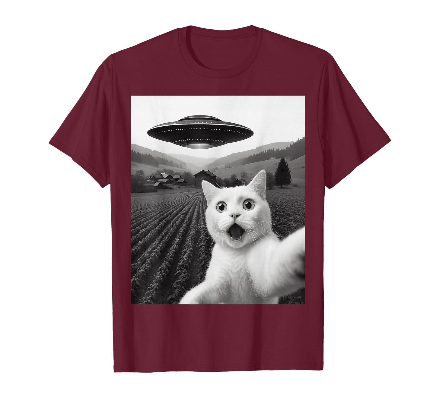 White Cat Selfie with Alien UFO Funny Kitty Abduction Tee T-Shirt