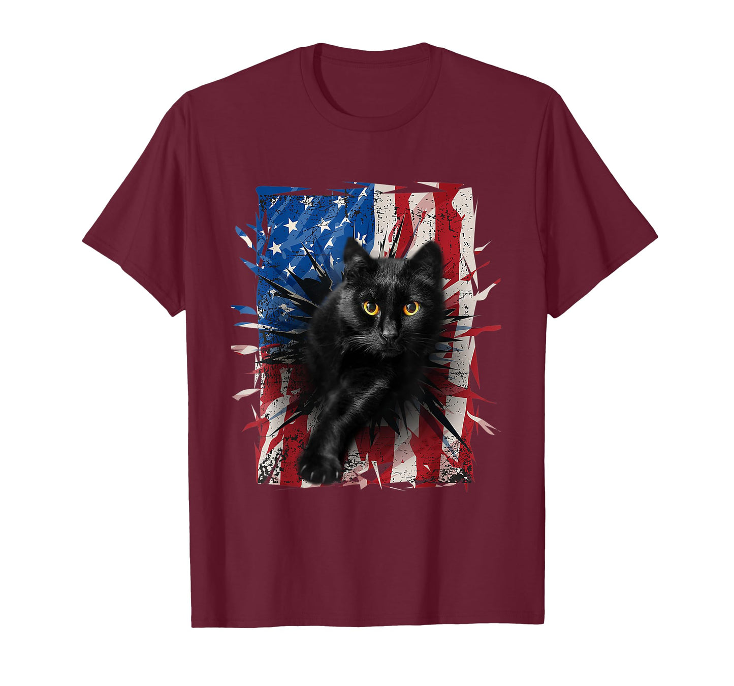 Patriotic Black Cat Torn American Flag 4th Of July USA T-Shirt