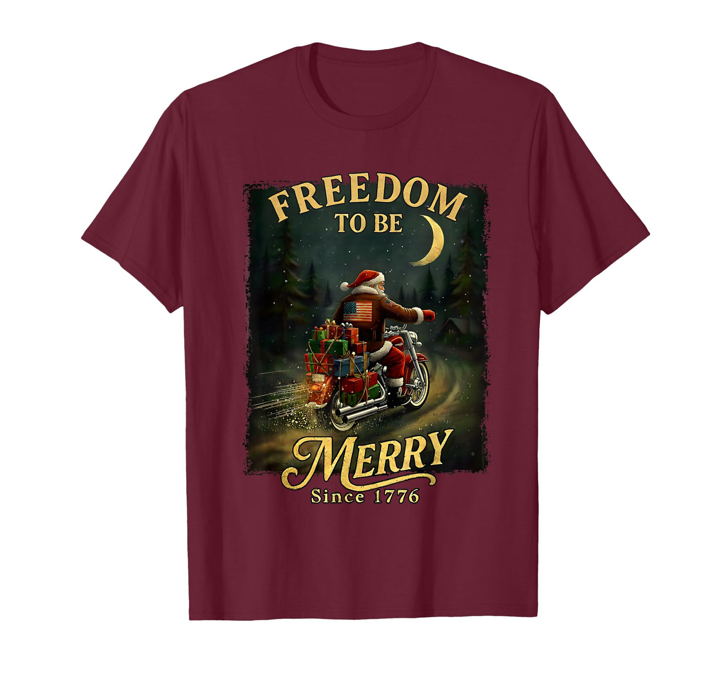 Vintage Patriotic Christmas Santa Riding Motorcycle T-Shirt