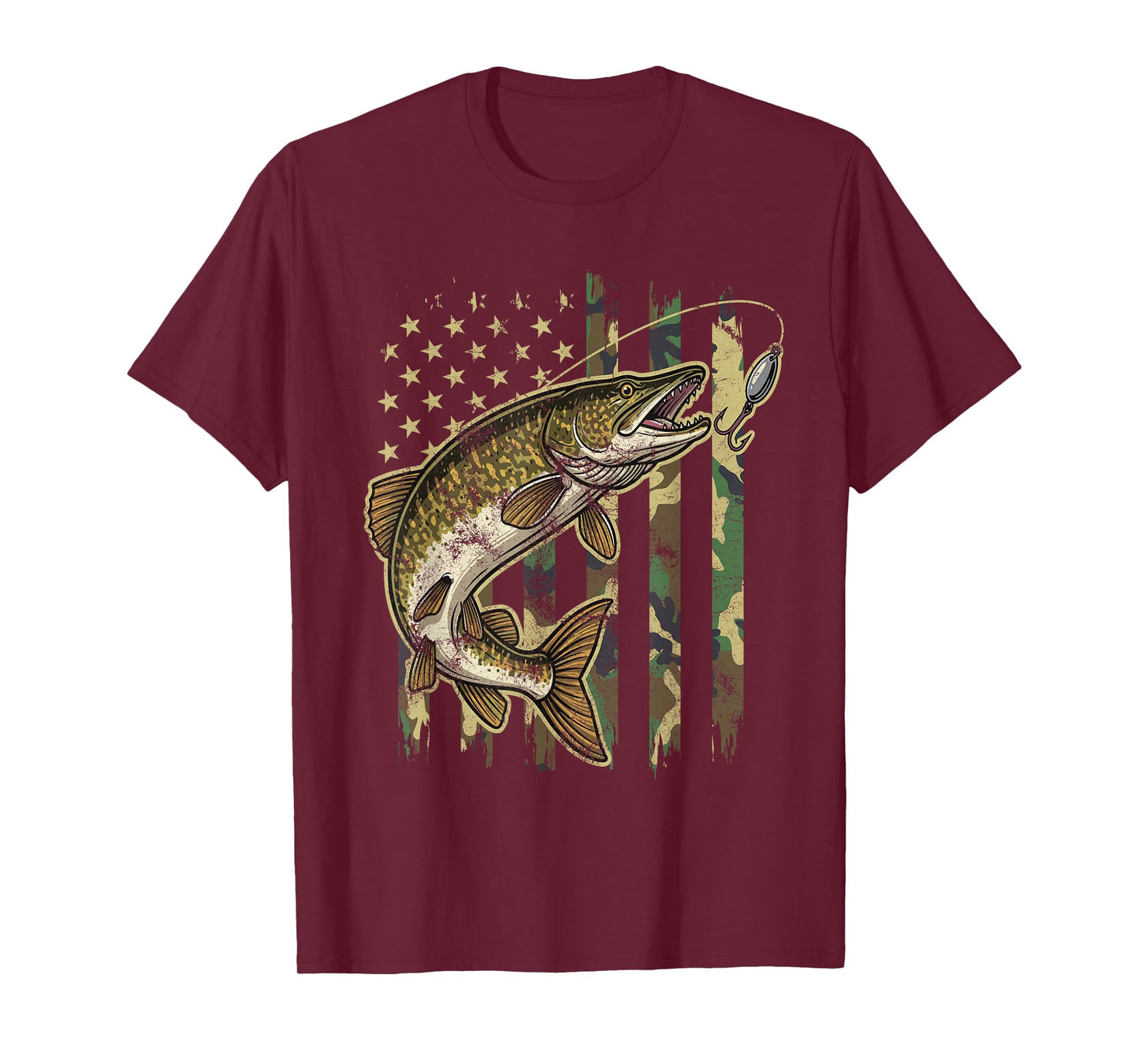 Vintage Northern Pike Fishing Camo American Flag T-Shirt