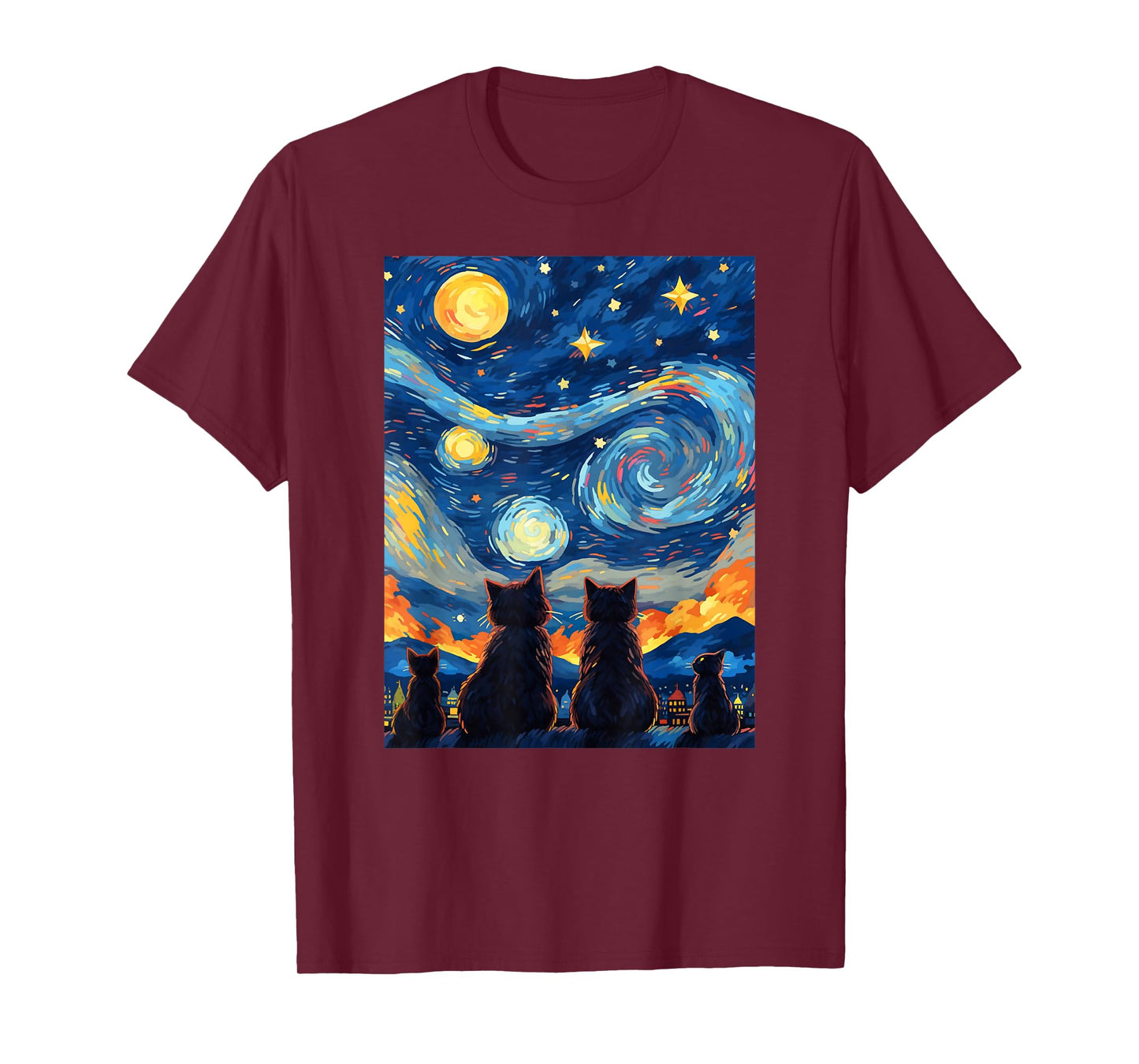 black cats Painting art Starry Night kitty kitten Van Gogh T-Shirt