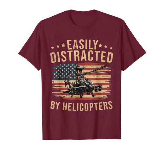 Funny Easily Distracted by Apache Helicopter USA Flag Gift T-Shirt