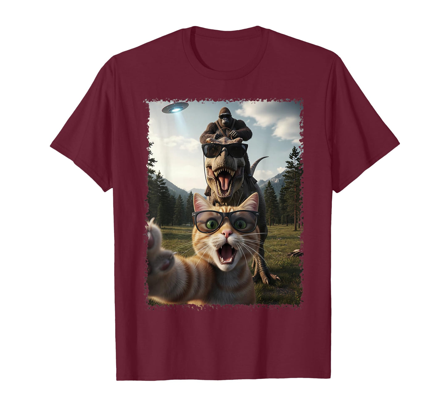 Funny Cat T-Rex Bigfoot Design UFO Selfie T-Shirt