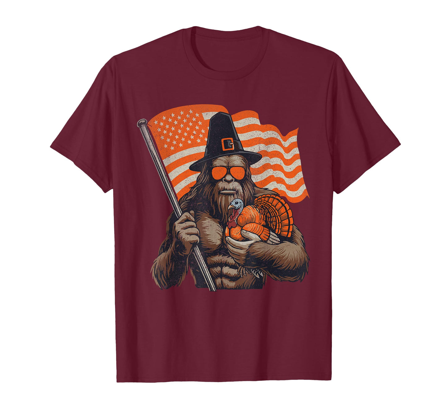 Bigfoot USA Thanksgiving Sasquatch Turkey American Flag T-Shirt