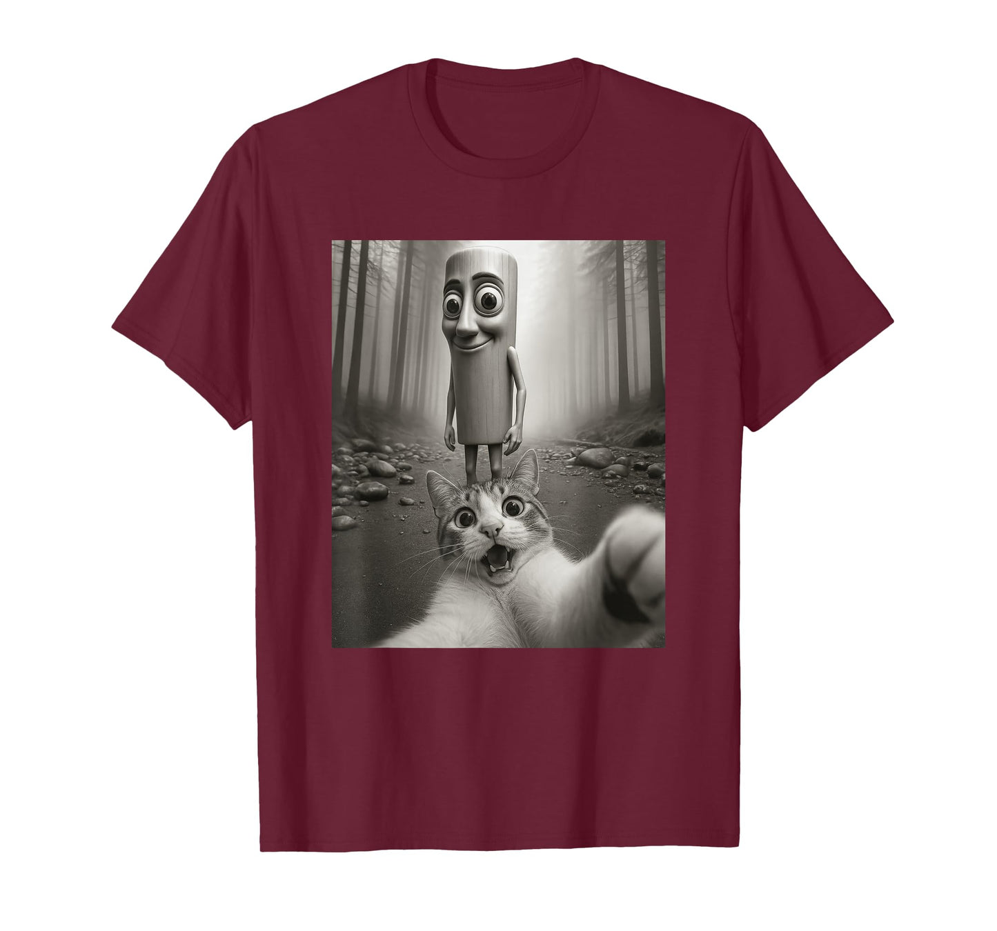 Funny Surprised Scared Cat Selfie with Tung Tung Sahur Meme T-Shirt