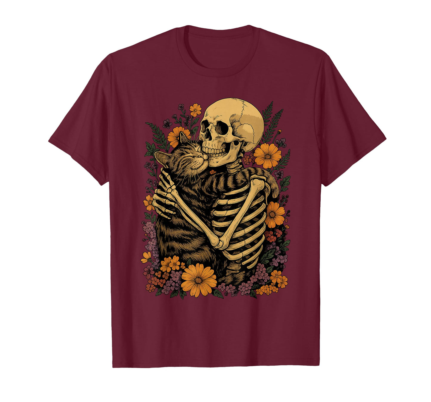 Skeleton Hugging Cat Floral Halloween Cats Lover T-Shirt