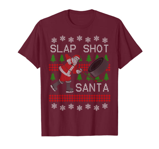 Funny Santa Hockey Puck Ugly Christmas Slap Shot Santa T-Shirt