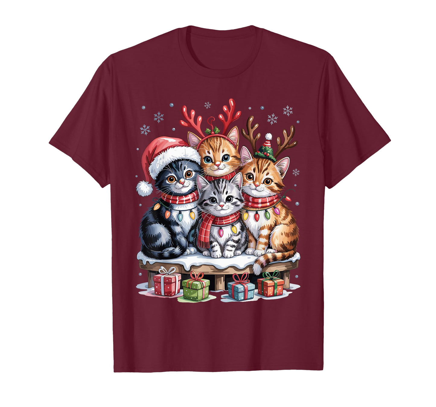 Cat Christmas Light Reindeer Santa Funny Xmas Pet Lover T-Shirt
