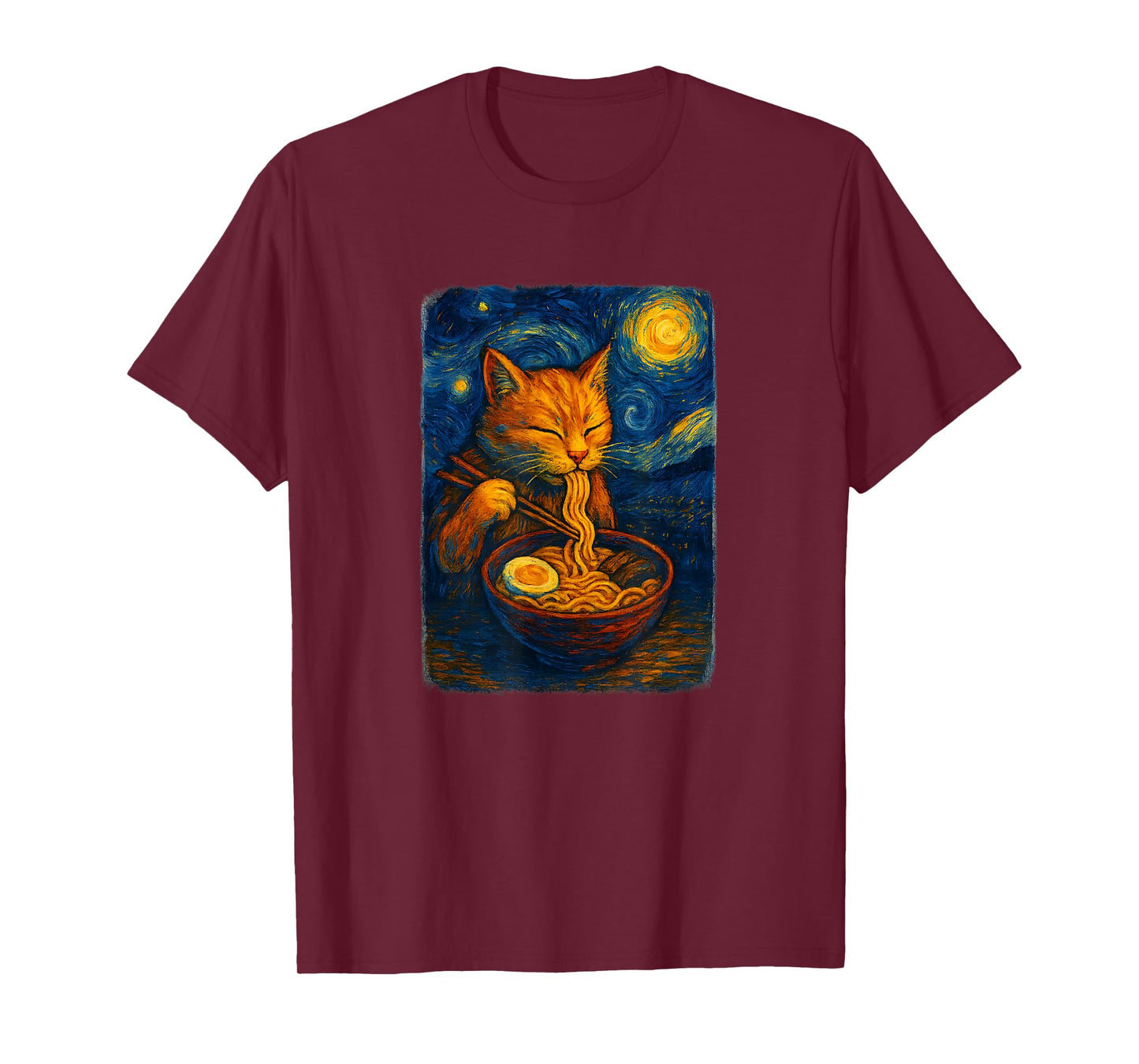 Red Tabby Cat Eating Ramen Starry Night T-Shirt