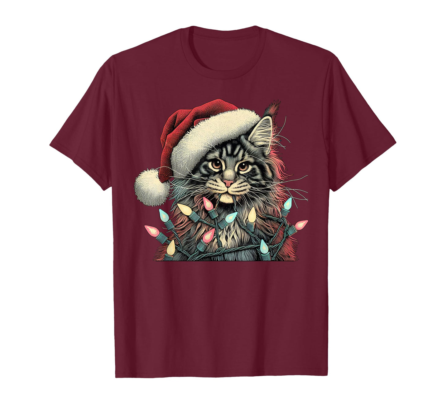 Maine Coon Cat Chew Christmas Light Xmas Holiday Funny Cute T-Shirt