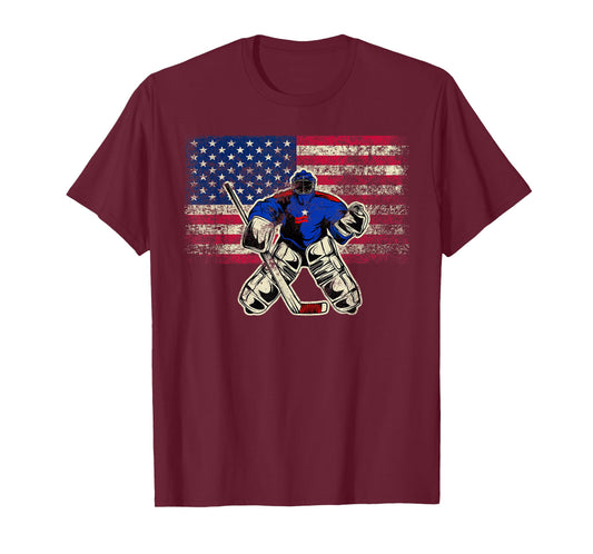 Vintage Ice Hockey Goalie USA Flag Gift for Goalie T-Shirt