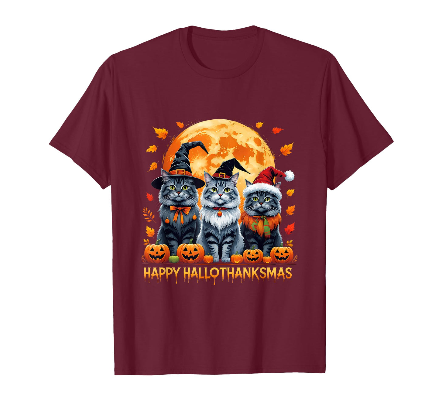 Happy Hallothanksmas Halloween Thanksgiving Christmas Cats T-Shirt