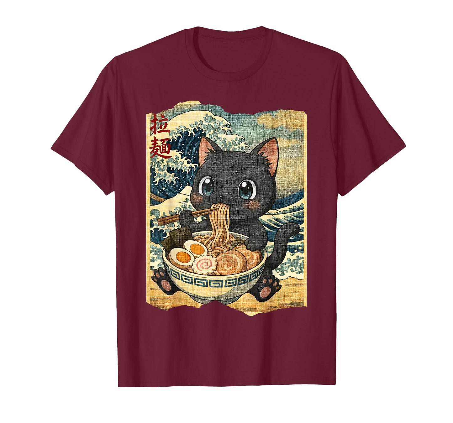 Funny Kawaii Black Cat Ramen Noodle Bowl Japanese Wave T-Shirt