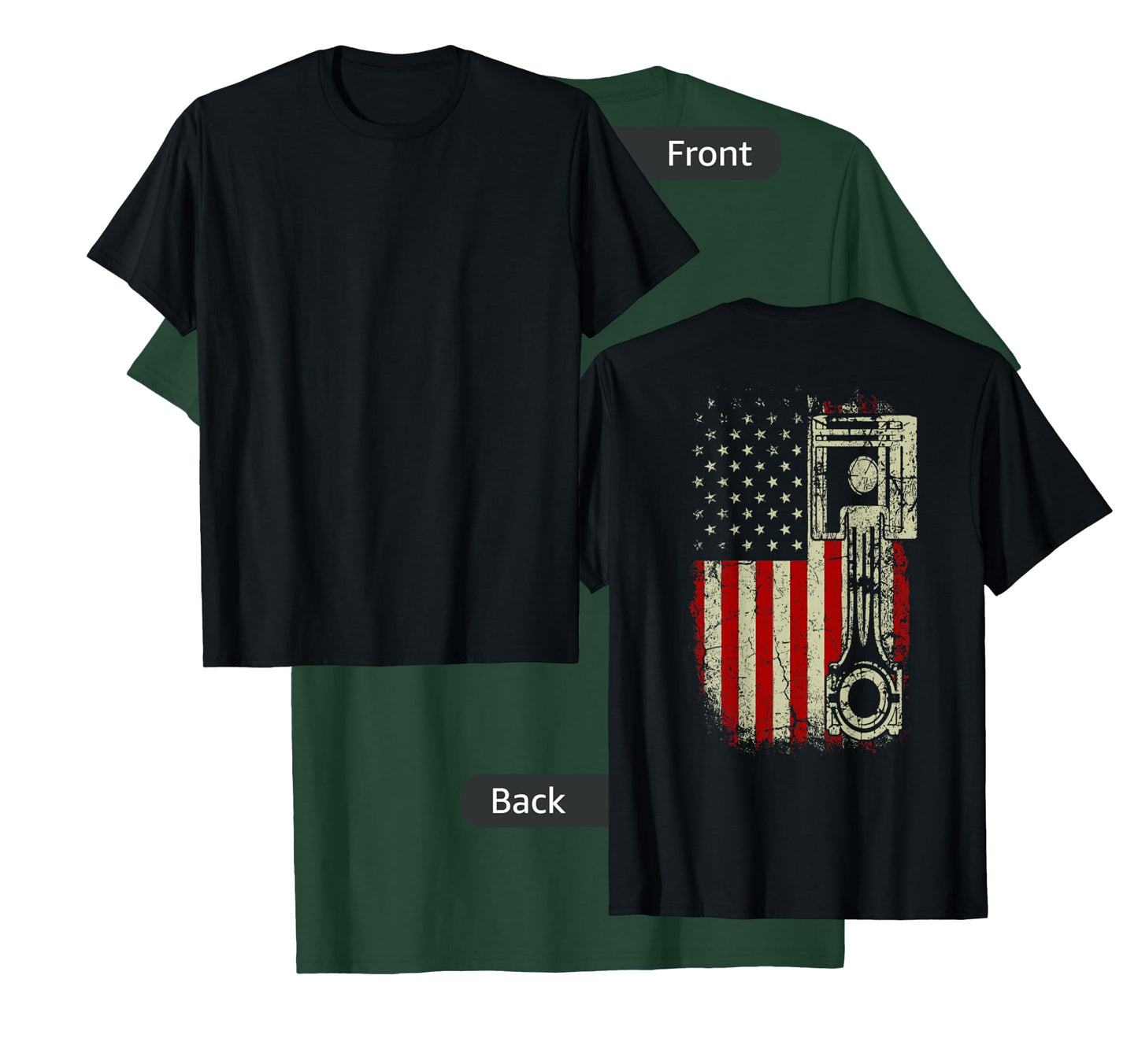 American Flag Piston Muscle Car Patriotic Vintage on back T-Shirt