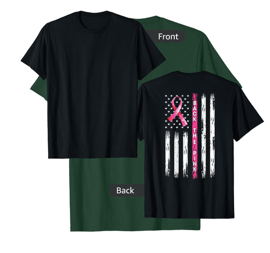 Back The Pink Ribbon American Flag Breast Cancer Awareness T-Shirt Small