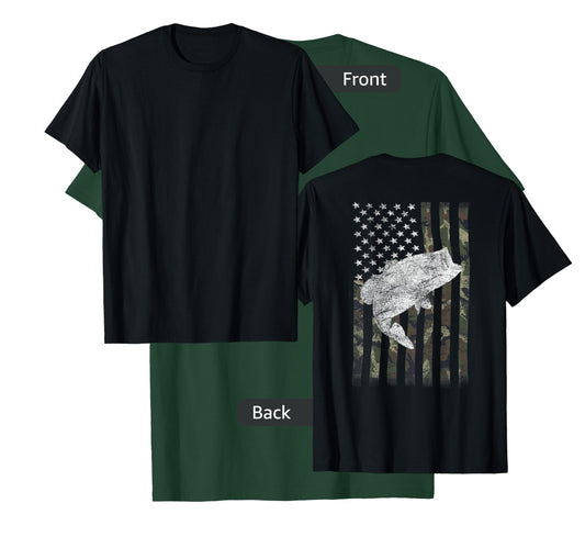 Bass Fishing American Camo USA Flag for Fisherman (on Back) T-Shirt Small
