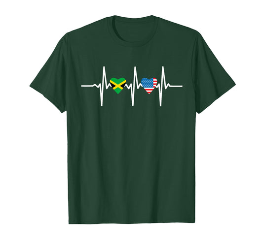 Half American Jamaican Usa America Jamaica Flag Heartbeat T-Shirt
