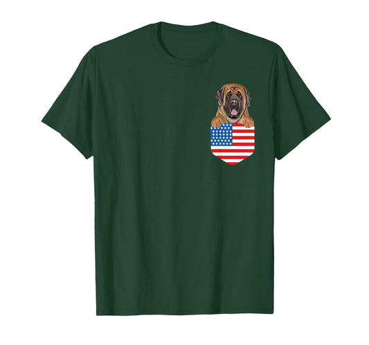 America Flag Mastiff Dog In Pocket T-Shirt