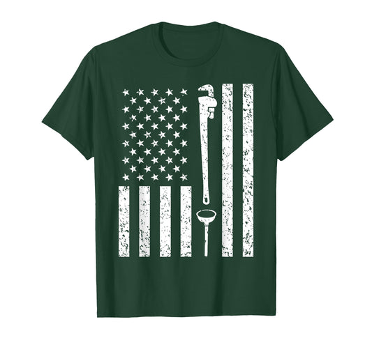American Flag Plumber Vintage Plumbing Worker Men Funny Gift T-Shirt