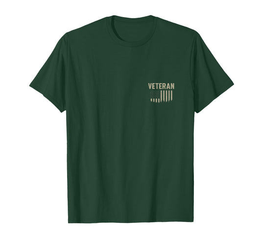 Veteran Pocket Emblem Distressed USA Flag Printed on Back T-Shirt