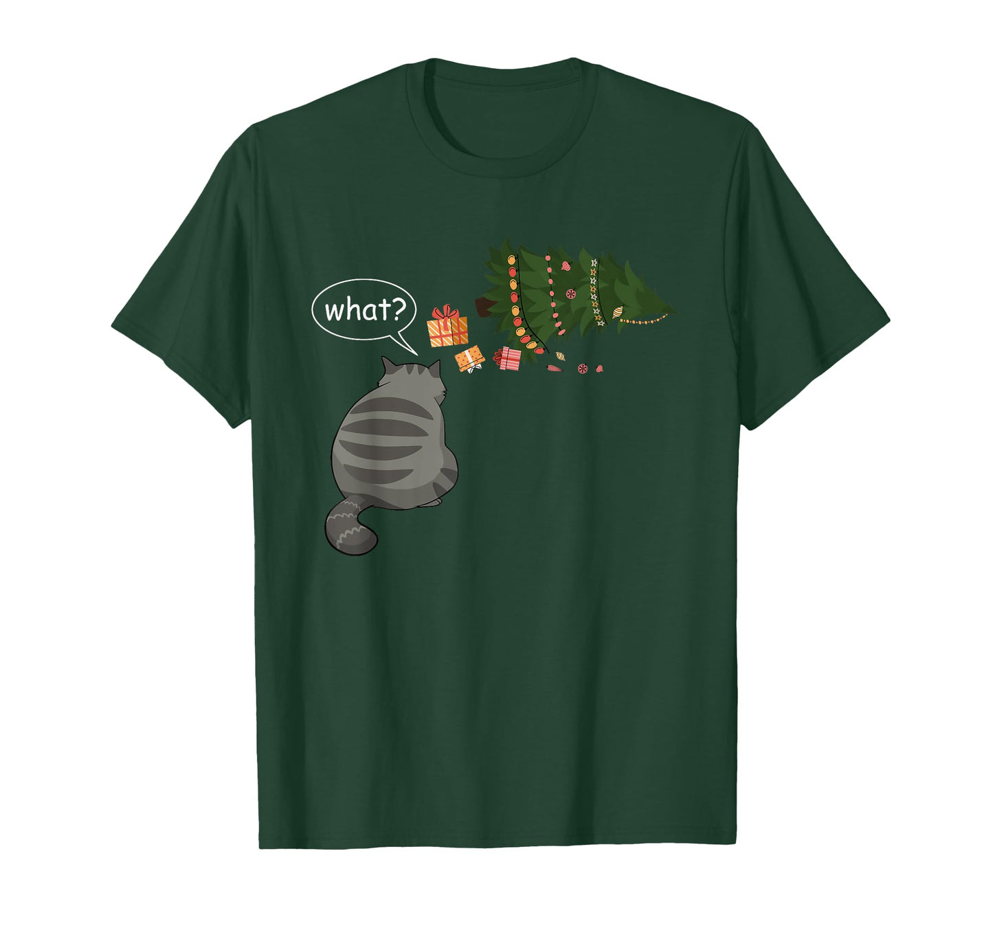 Funny Gray Cat Tee Pushing Christmas Tree Over Cat What? T-Shirt