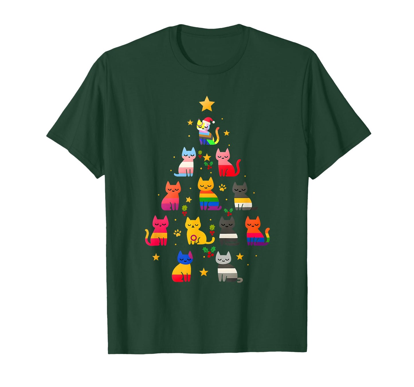 Pride Cat Christmas Tree LGBTQ Rainbow Cats Apparel T-Shirt