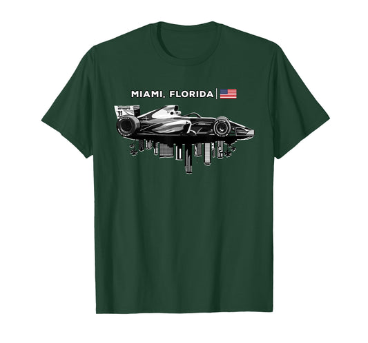 Miami Florida Racing Car Silhouette USA Flag T-Shirt