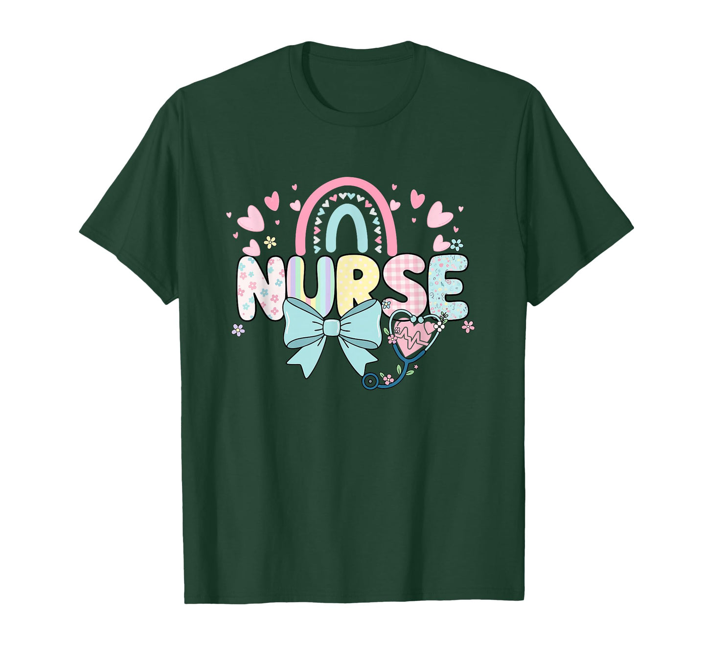 Colorful Nurse Rainbow Bow Stethoscope Heart Design T-Shirt