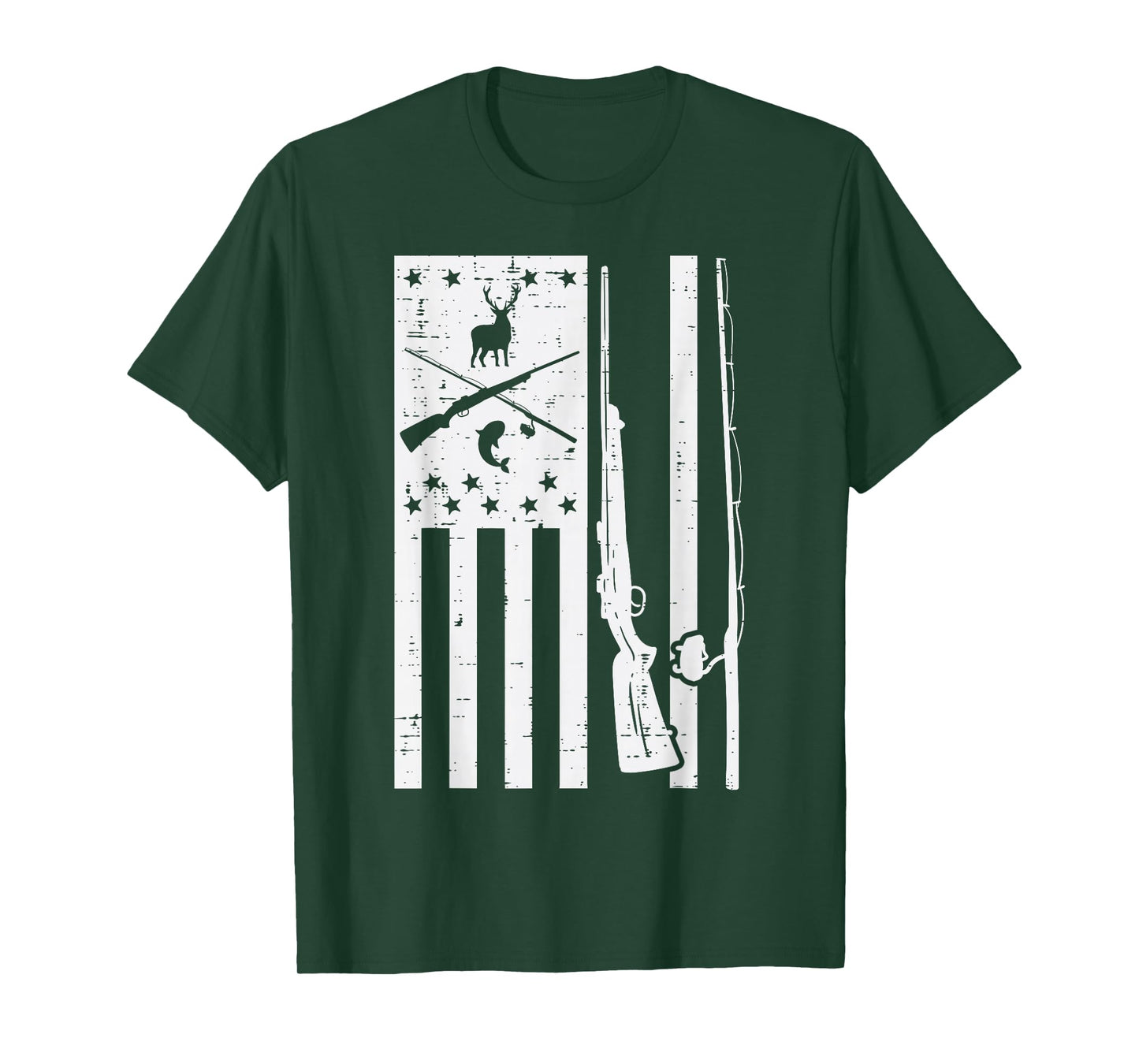 White US Flag Rifle Fishing Rod Fish Deer Hunting Patriotic T-Shirt