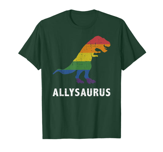 Allysaurus Dinosaur in Rainbow Flag for Ally LGBT Pride T-Shirt Small