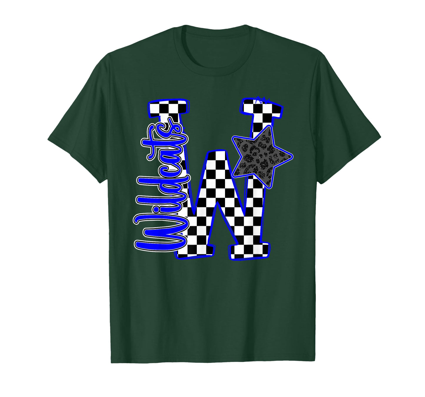 Blue Wildcats Checkered Print Star Leopard School Spirit T-Shirt