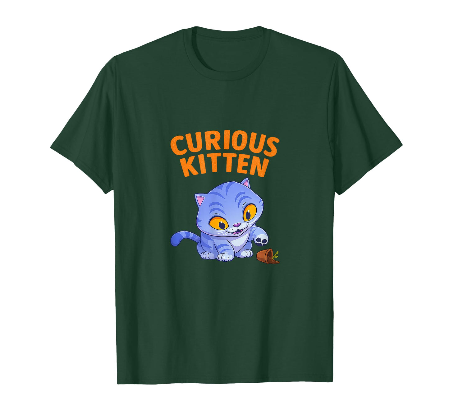 Derpy Curious Kitten with Plant Vase Funny Cat Graphic T-Shirt