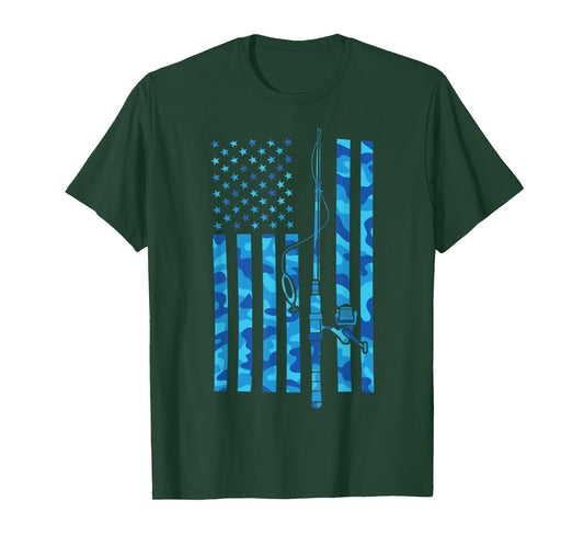 Fishing Rod USA Flag Fishing America Bass Fishing Fisher T-Shirt