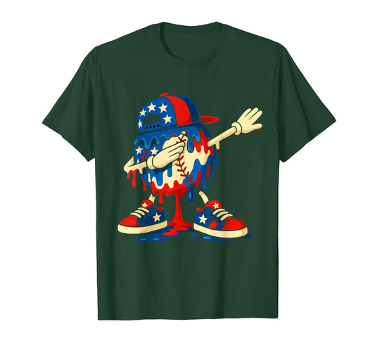4th of July Dabbing Baseball Drip Ice Cream for Boys USA T-Shirt