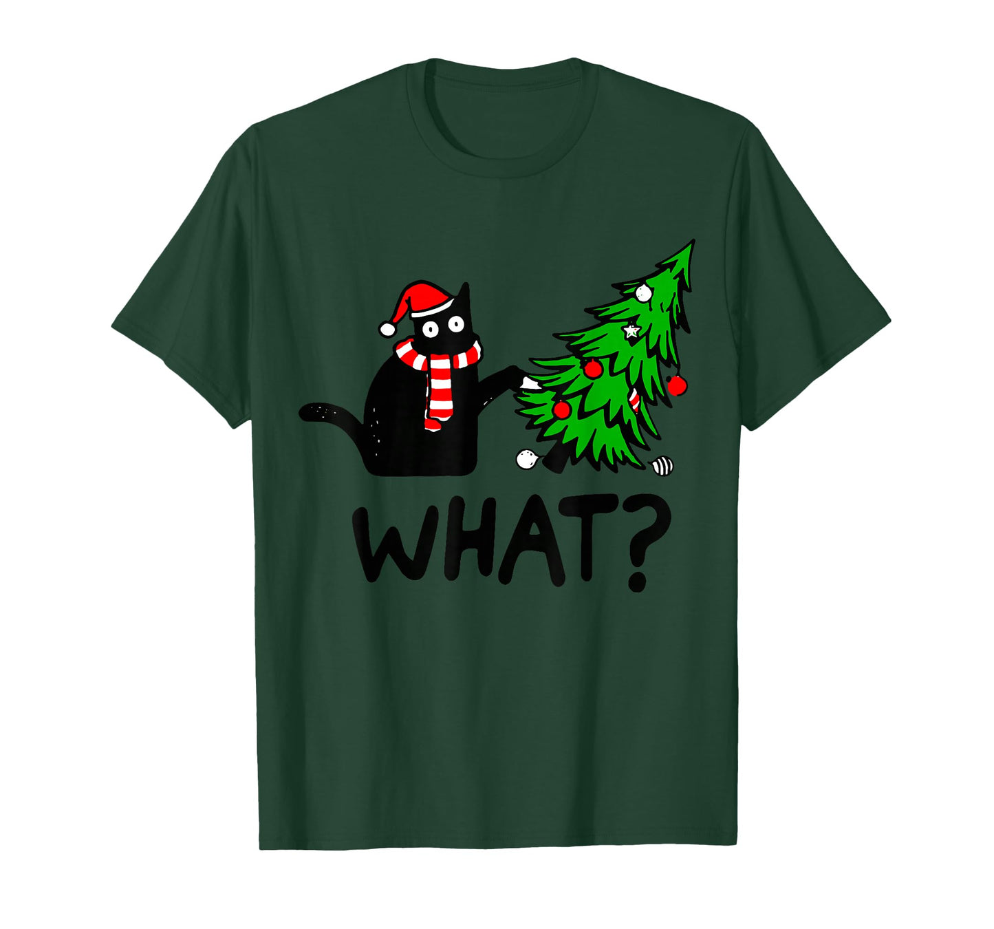 Funny Black Cat Gift Pushing Christmas Tree Over Cat What? T-Shirt Small