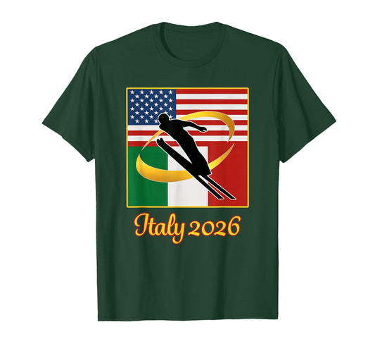 Italy 2026 Ski Jump 2026 USA Italy Flags Winter Sports T-Shirt