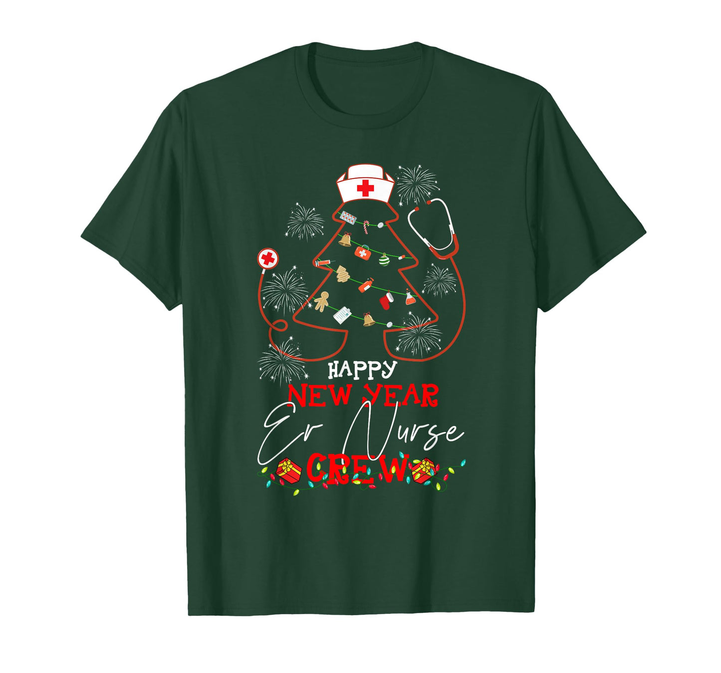 Christmas T-Shirt - Happy New Year ER Nurse Crew Reindeer Nurse - Black, Small - Women-Adults