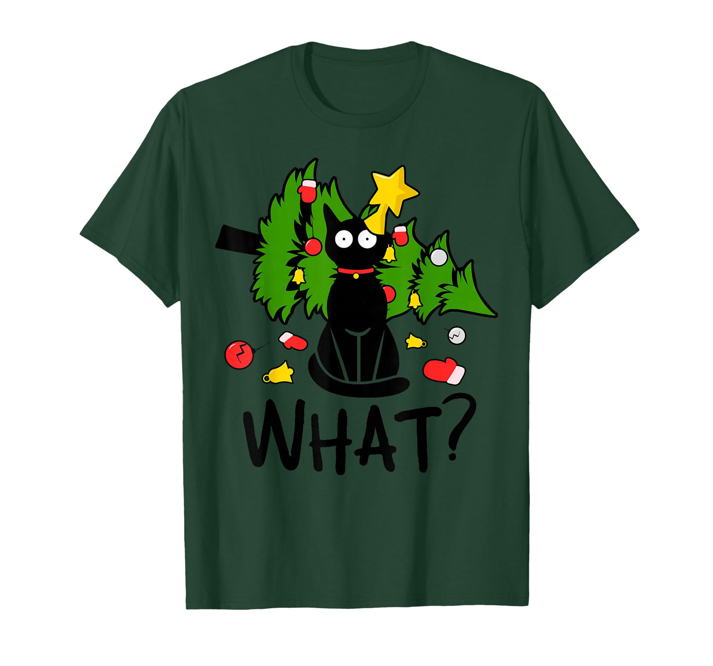 Funny Black Cat Christmas Tree Merry Xmas Humor Cat What? T-Shirt