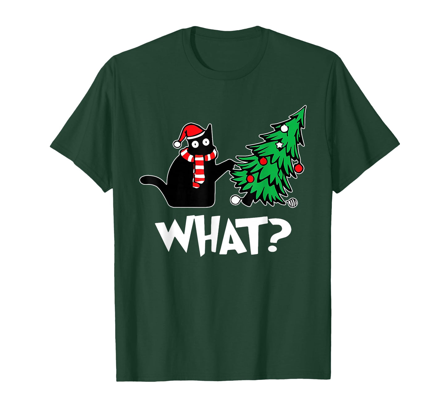 Funny Black Cat Xmas Pushing Christmas Tree Over Cat What? T-Shirt