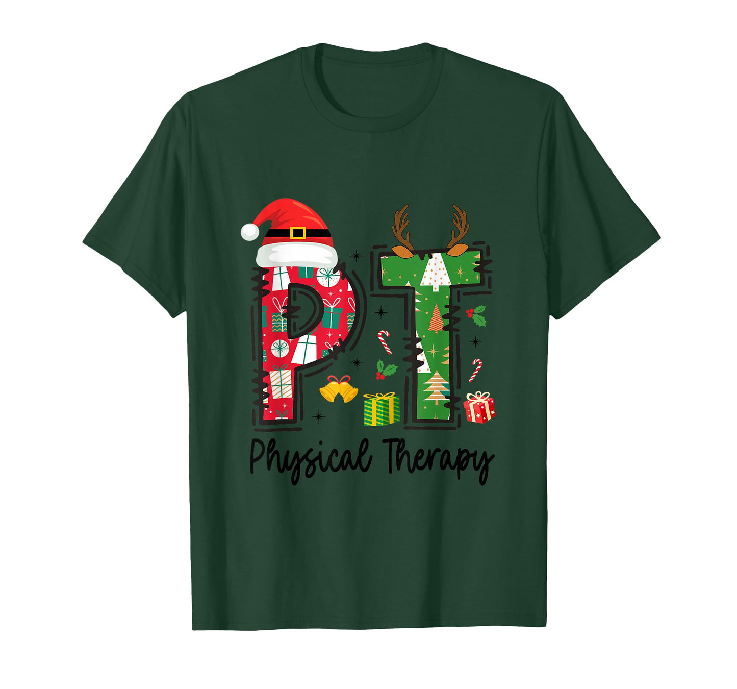 Christmas Physical Therapy Ls Unisex-Adults T-Shirt Grey Small Classic Fit Short Sleeve Graphic Cartoon Holiday Physical Therapy Therapist Xmas T-Shirt