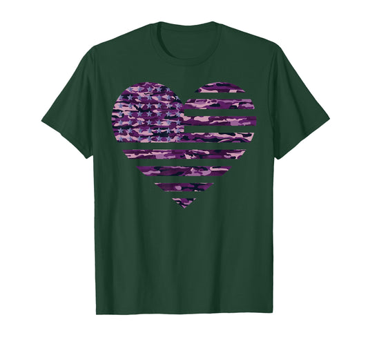 Camo American Flag Heart Camouflage Tactical Purple Military T-Shirt