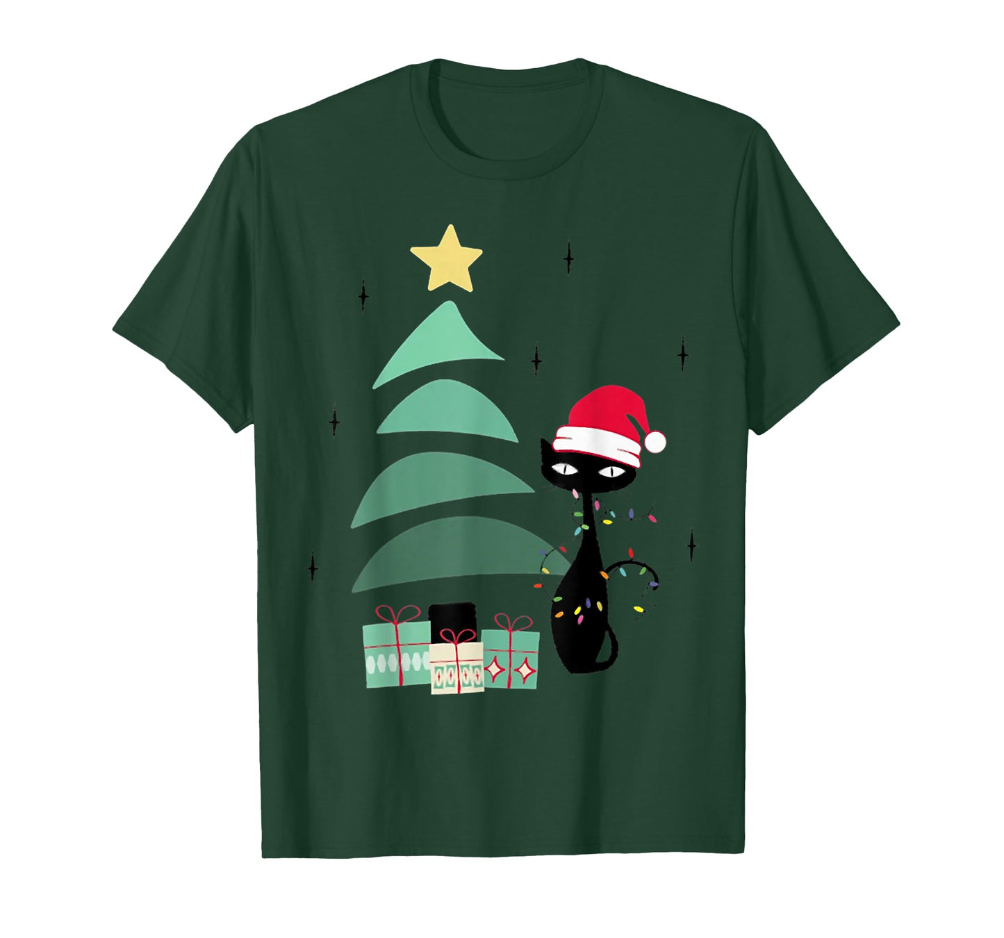 Funny Retro Mid Century Atomic Christmas Tree and Cat T-Shirt for Men Women Kids