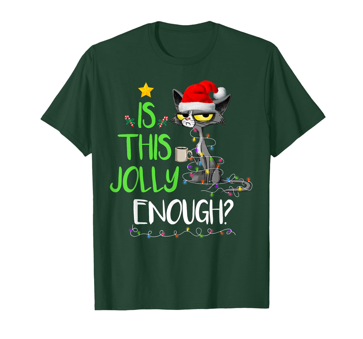 Is This Jolly Enough Black Cat Merry Christmas Tree Lights T-Shirt for Men Women Kids