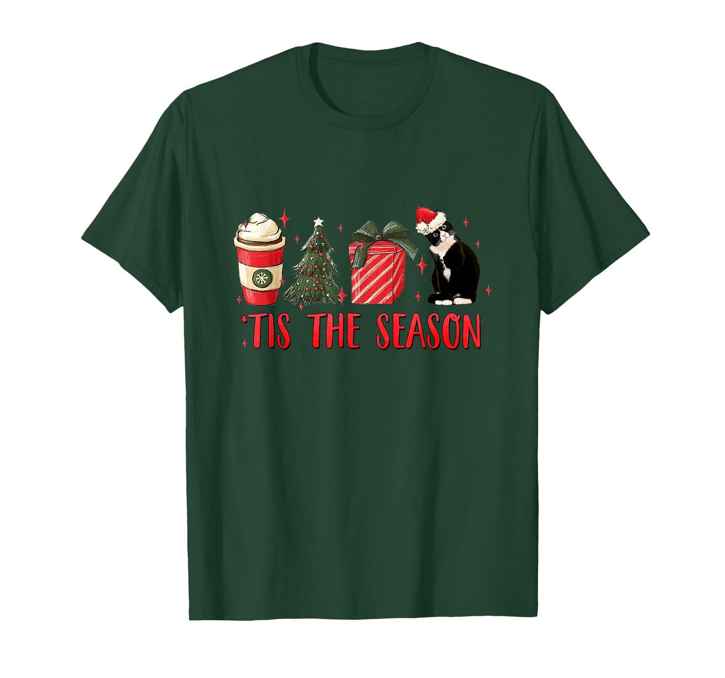 Tis The Season Christmas Tree Coffee Tuxedo Cat Santa Hat T-Shirt for Men Women Kids