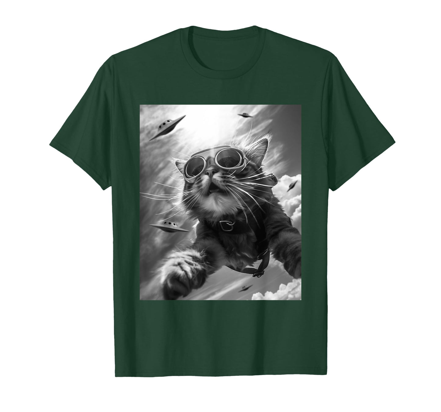 Funny Skydiving Cat Selfie with Alien UFOs Men Women Kids T-Shirt