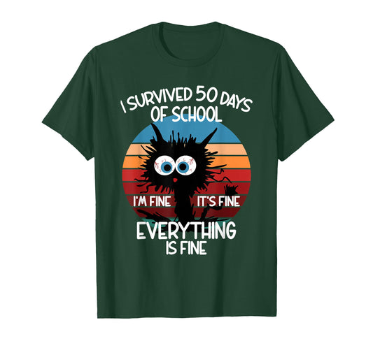 50th Day School Cat I Survived 50 Days of School T-Shirt