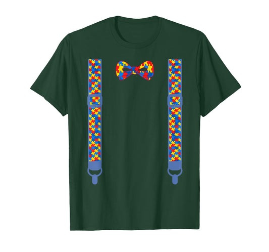 Autism awareness bow tie suspenders Puzzle pieces t-shirt T-Shirt