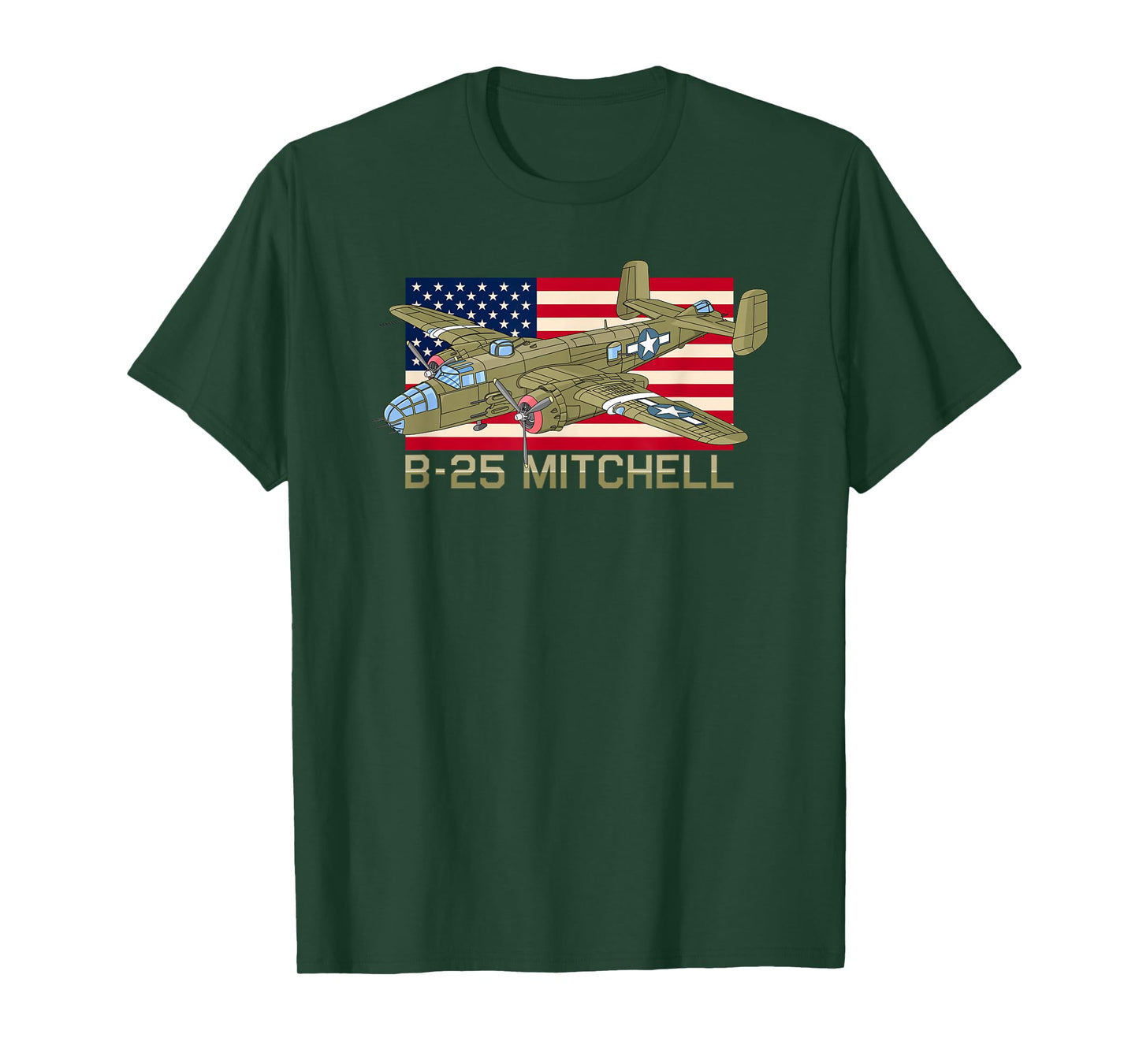 B-25 Mitchell WW2 Bomber Plane Patriotic USA Flag T-Shirt