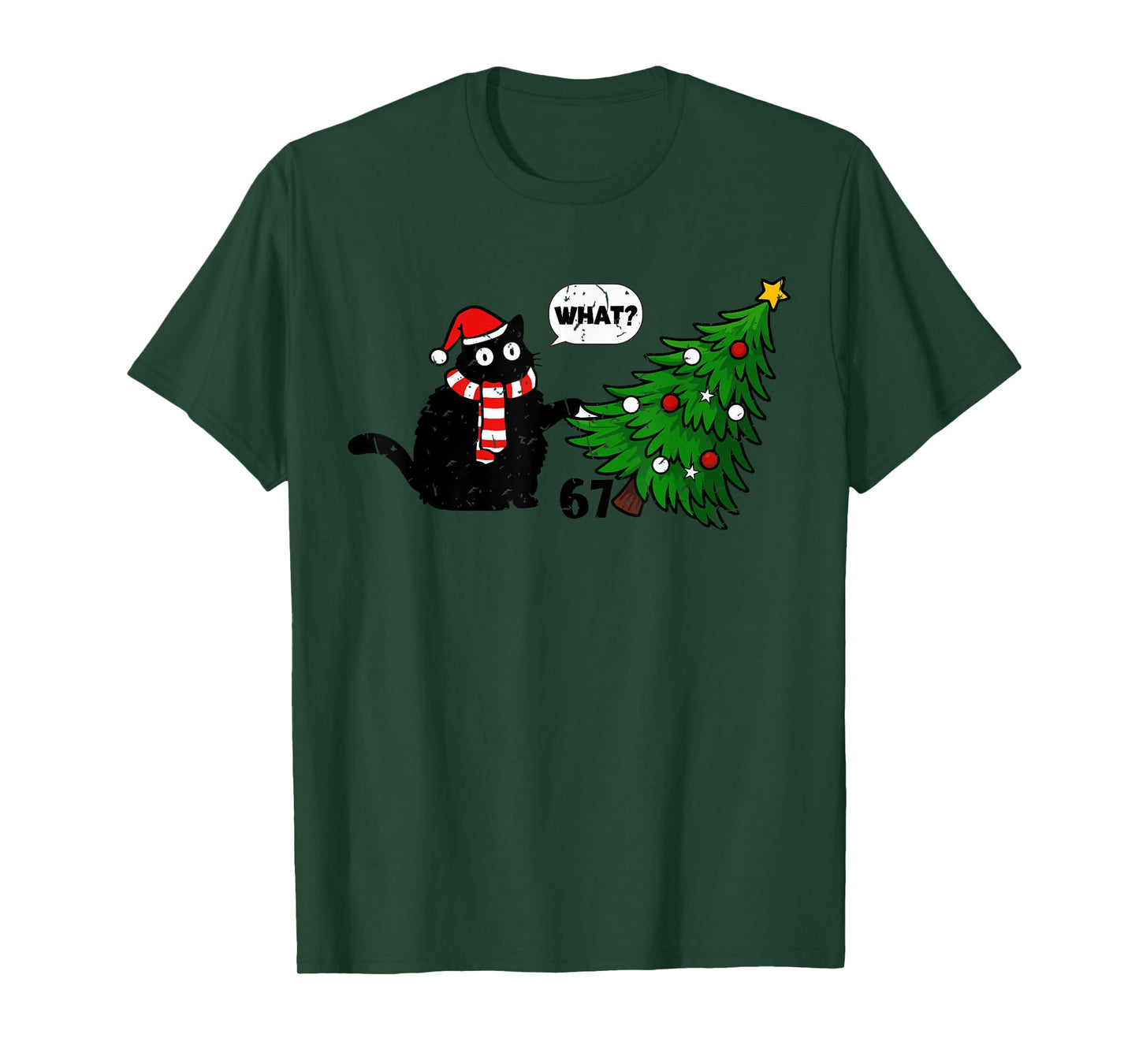 Funny Black Cat Pushing 67 Christmas Shirt Tree Over Cat T-Shirt